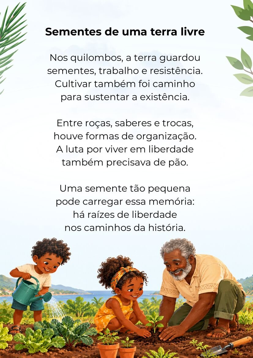 Poema Sementes de uma terra livre, com um homem negro mais velho e duas crianças cuidando de uma horta.